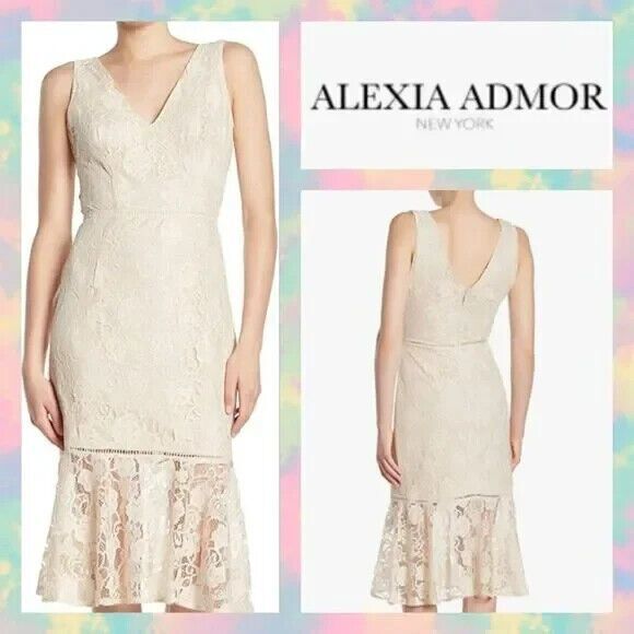 NWT Alexia Admor Midi Dress Lace Overlay Deep-V Sleeveless, Off White Size 14 L - Picture 3 of 9